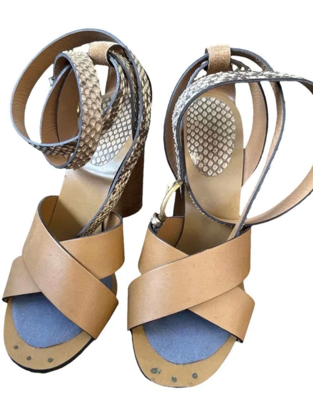 Gucci Women’s Tan Leather Cross-Strap Sandals with Python Ankle Wrap